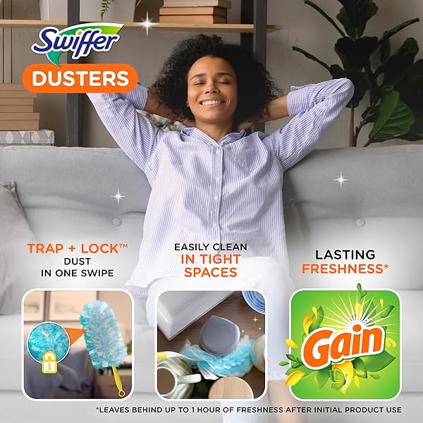 SWIFFER DUSTERS REFILL FOR CLEANING, MADE BY SWIFFER, FEATHER & MICROFIBER DUSTER DISPOSABLE ALTERNATIVE, FOR DUSTING FURNITURE, BLINDS, CEILING FANS, HELPS REMOVE ALLERGENS, GAIN SCENT, 18 COUNT