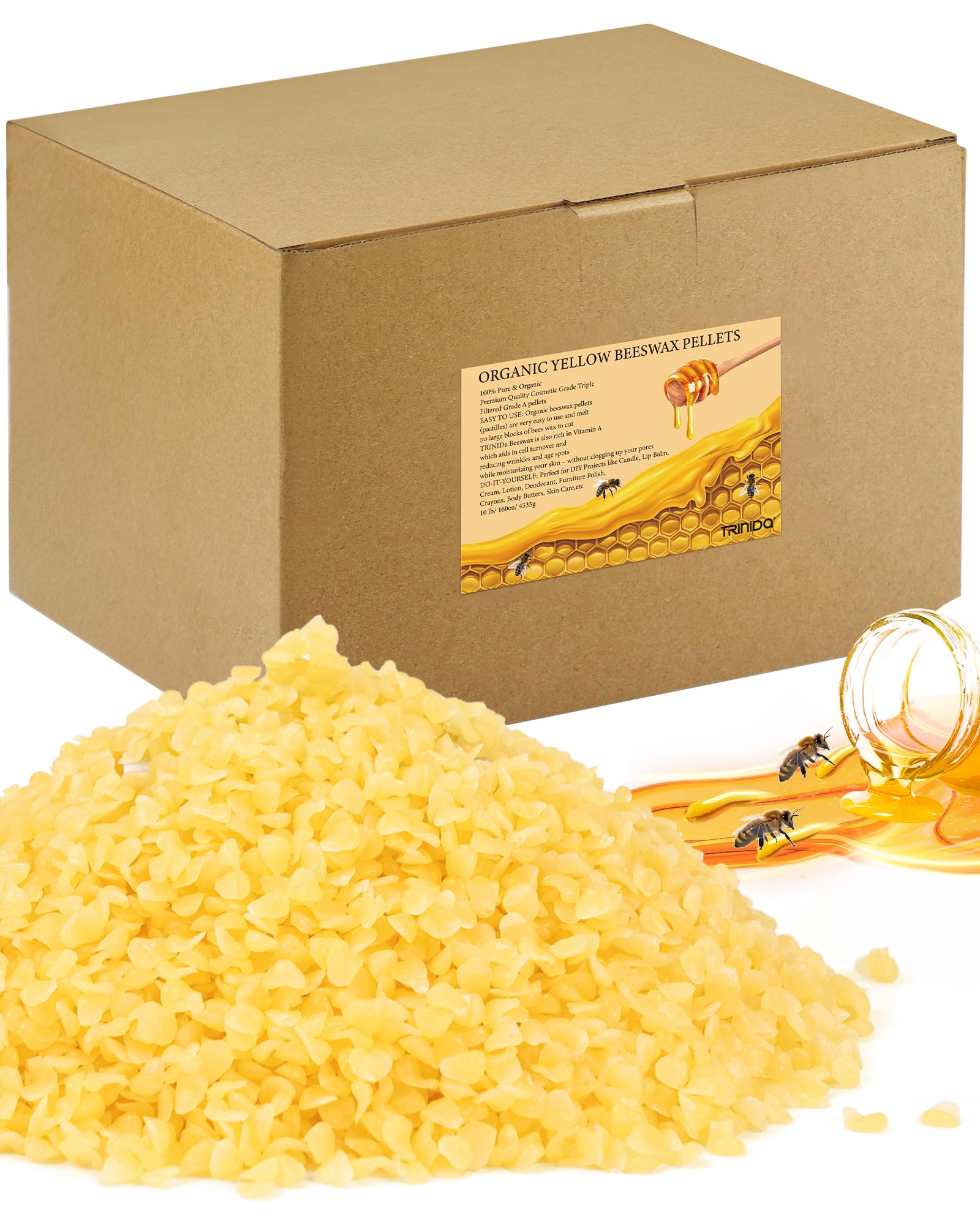 TRINIDa Beeswax Pellets 4.53kg, Yellow Bees Wax for DIY Candles, Beeswax for Candle Making, Skin, Body, Face, and Hair Care, Lotions, DIY Creams, Lip Balm and Soap Making Supplies