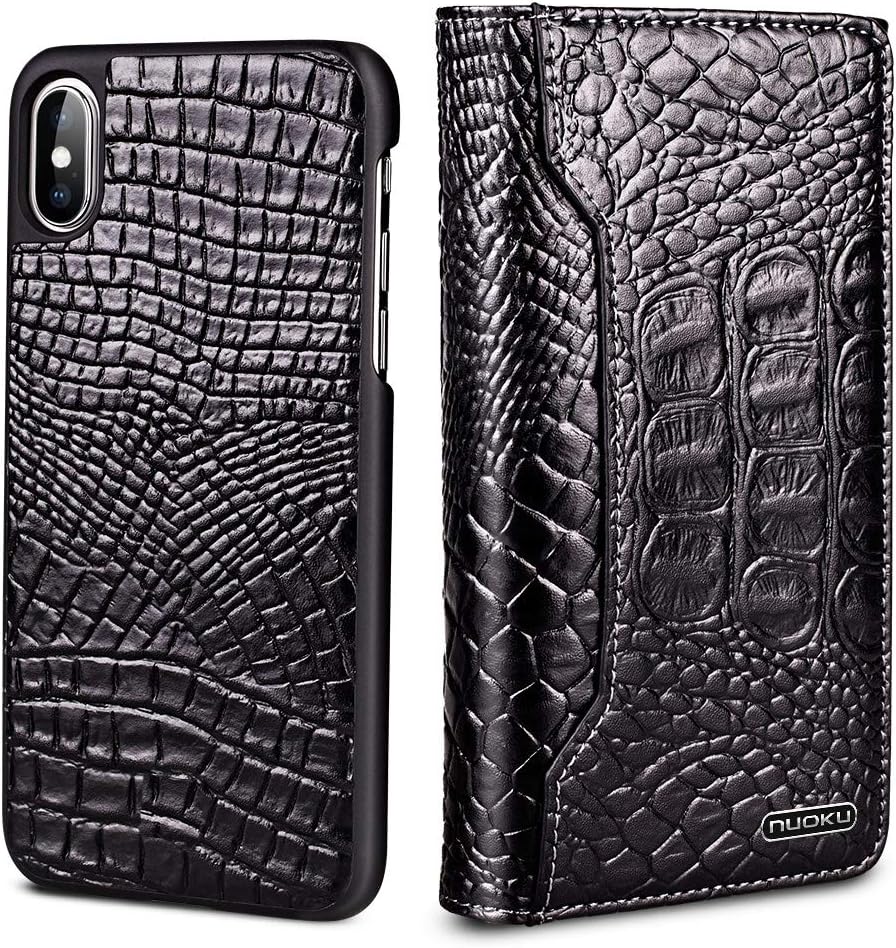 nuoku Detachable Wallet Leather Case for iPhone8/7/6/6S Genuine Leather Flip Folio case with Card Slot More Than 6 Cards Kicstand Magnetic Car Mount Holder Case for iPhone8/7/6/6S (Black) …