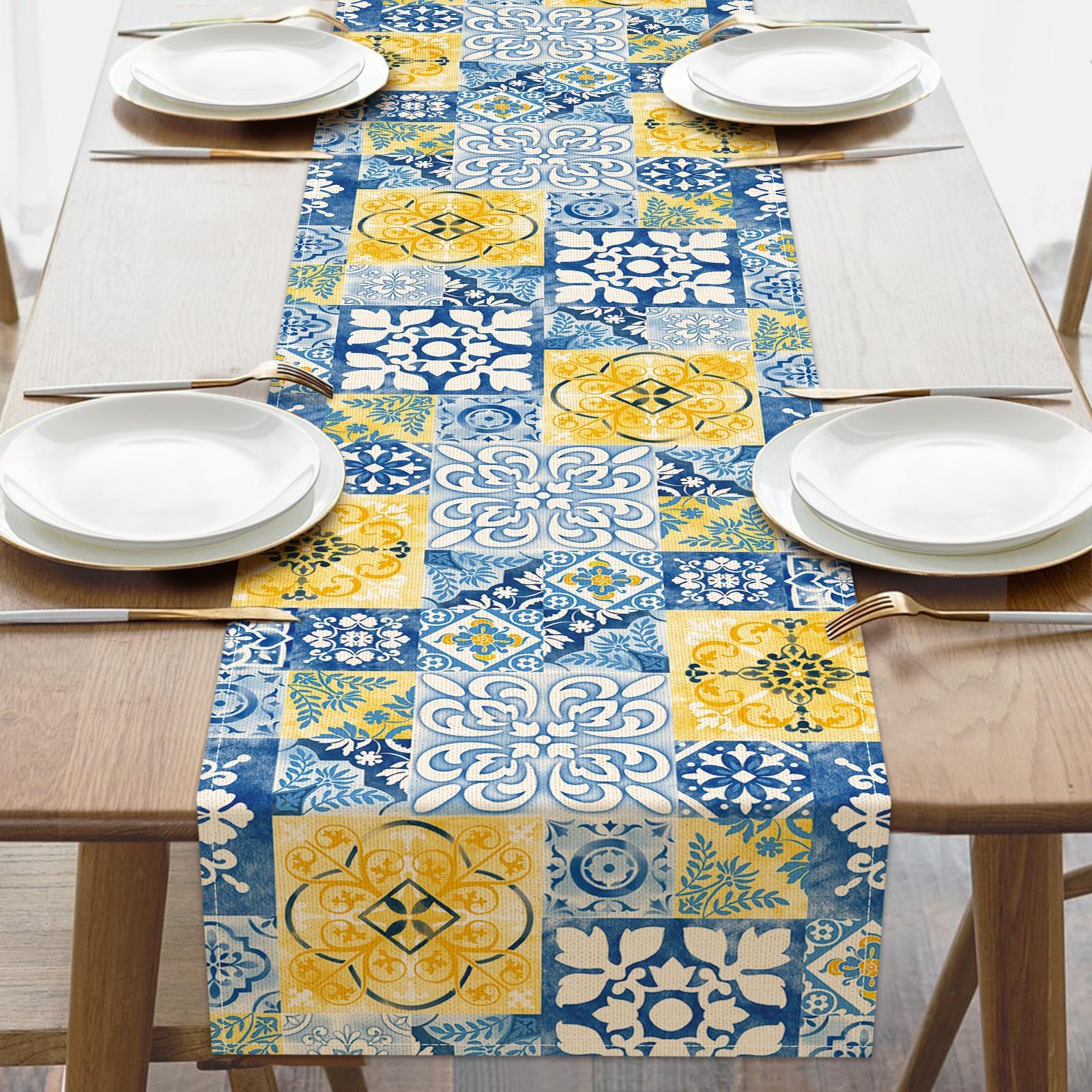 Photo 1 of Croar Moroccan Blue Mosaic Tile Dining Table Runner, Vintage Amalfi Coast Azulejo Mandala Burlap Kitchen Decoration, Spanish Ethnic Mediterranean Indoor Outdoor Home Decor Party Supply 13 x 72 Inches