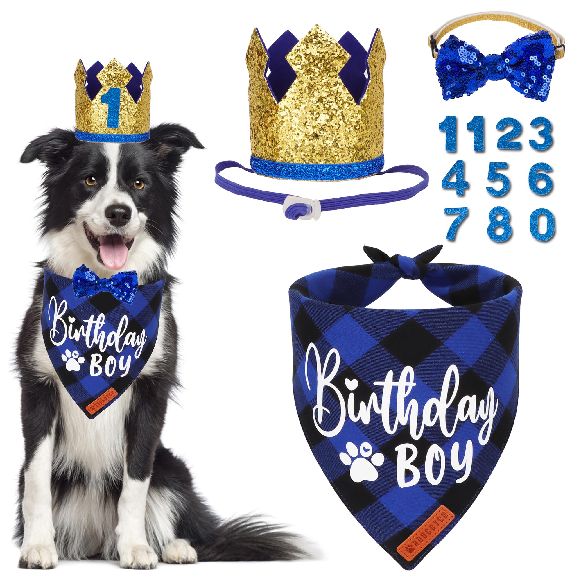 Photo 1 of ADOGGYGO Dog Birthday Party Supplies, Blue Plaid Birthday Boy Dog Bandana, Golden Pet Party Hat with Numbers, Bowtie for Medium Large Pets (Large)
