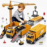 Carrier Truck Race Track Boy Toddlers Toys, Truck Toys for Toddlers 3-5 5-7, Toy Transport Car with Tower Crane Light &amp; Sound, Excavators Cars Gifts for Age 3 4 5 6 7 Years Old Boys Girls