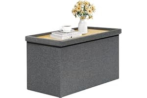 B FSOBEIIALEO Storage Ottoman with Tray, Linen Coffee Table Folding Long Shoes Bench Footstool, Dark Grey 30"x15.74"x15"
