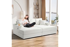 ONEMMLION Oversized Chaise Longue Chair Indoor with Ottoman, 87" W Corduroy Upholstered Modern Deep Seat Sofa Couch with USB Charging Ports⋓ Holder, Comfy Loveseat Sofa for Living Room, Beige White