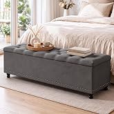 Insdiy 51" Storage Ottoman Bench with Wooden Legs and Soft-Close, Dark Grey | Large End of Bed Bench with Button Tufting, Metal Rivet Accents, Fabric Bedroom Chest for Entryway Living Room Window
