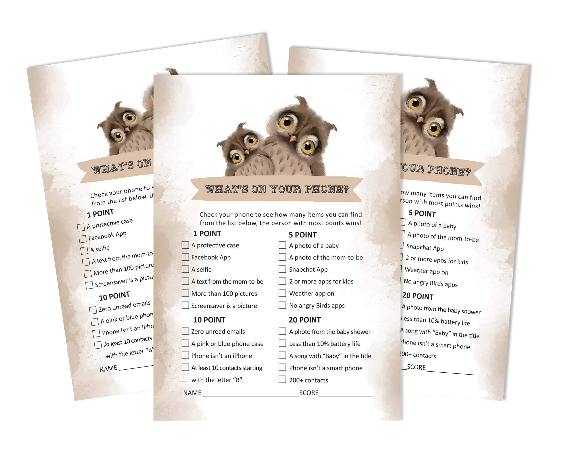 Inkdotpot 50 Sheets What's In Your Phone Baby Shower Game Cards Owl Bird Activity Cards Party Idea Baby Shower Party Supply