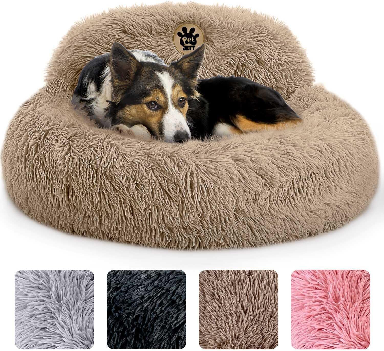Photo 1 of PetJett Calming Dog Bed - Donut Dog Beds for Small, Medium, Large Dogs, Anti-Slip & Washable Round Dog Bed - Fluffy Plush Faux Fur Pet Bed, Anti-Anxiety Puppy Bed - 30'' Fits Up to 45 lbs Pets, Grey