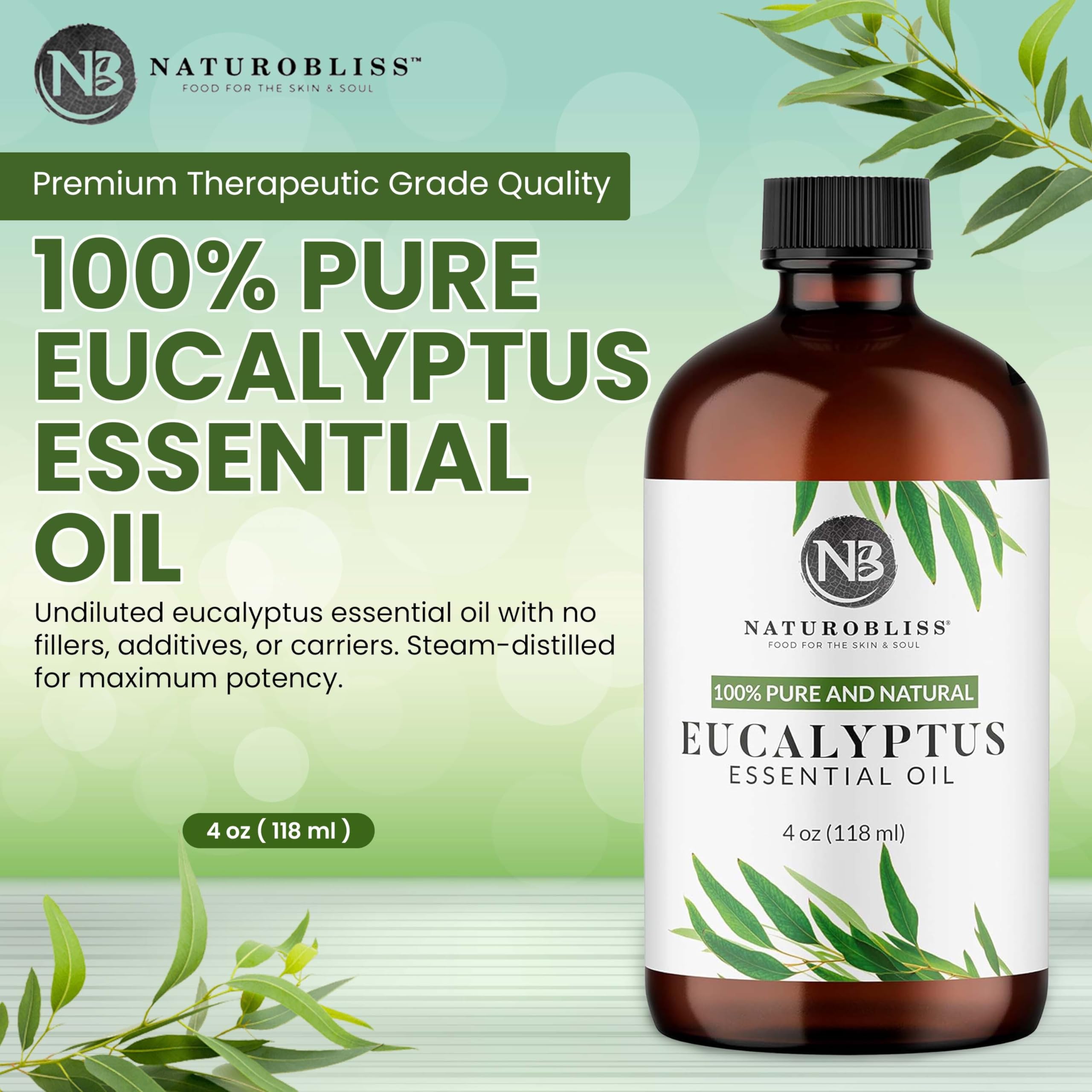 NaturoBliss 100% Pure Natural Undiluted Eucalyptus Essential Oil (4oz) Premium Therapeutic Grade Aromatherapy