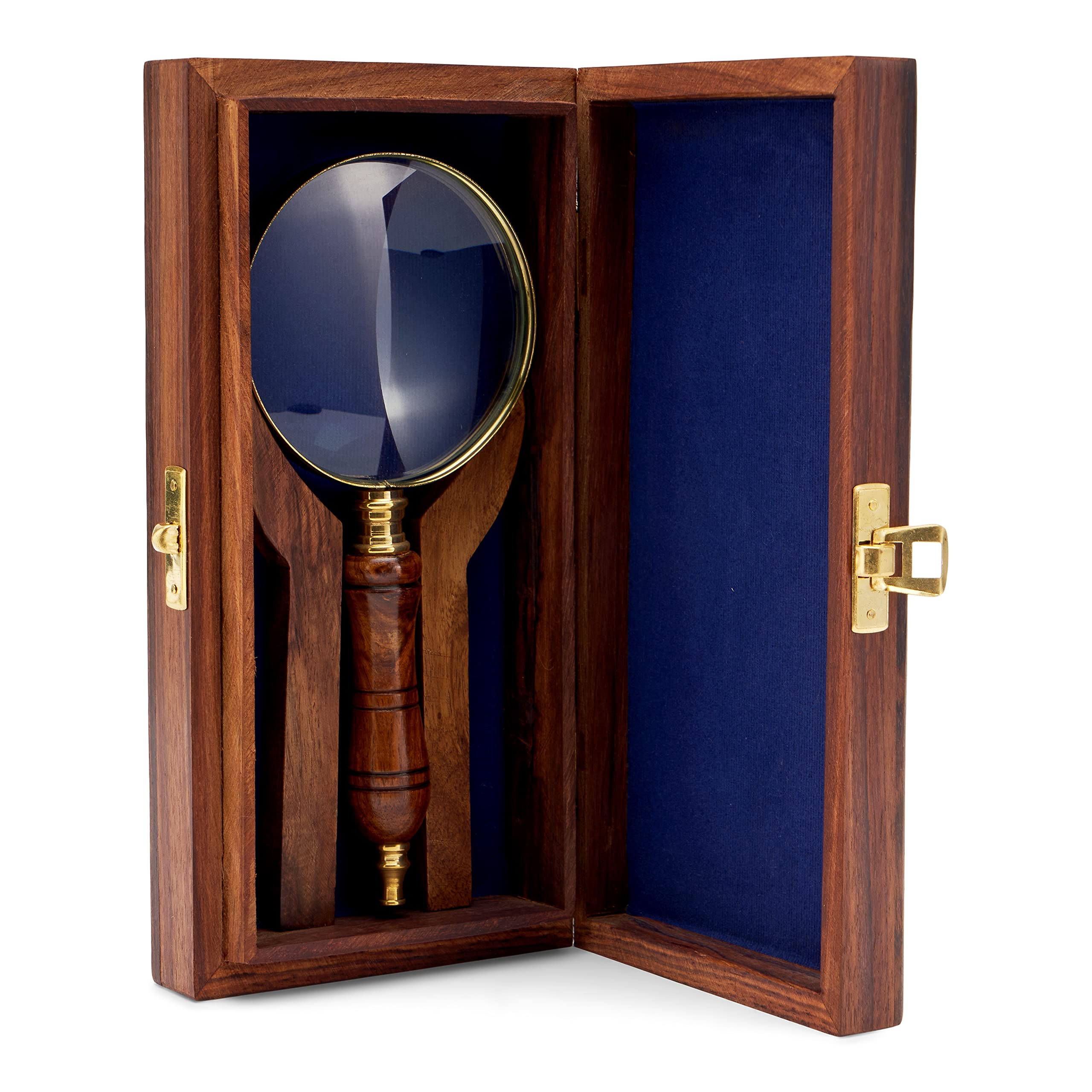 NKlaus Brass Magnifier, 7.5 cm Diameter, Wood Handle, Wooden Box, 17.5 cm Length, 115 g Weight