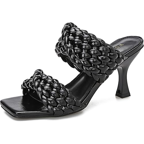 Women's Stiletto Mules Sandals Slip On Square Open Toe Dress Backless Heeled Slippers High Heel Slides