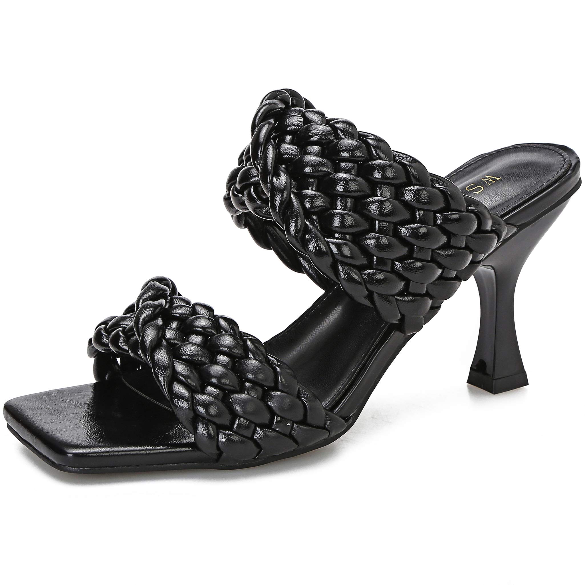 Women's Stiletto Mules Sandals Slip On Square Open Toe Dress Backless Heeled Slippers High Heel Slides