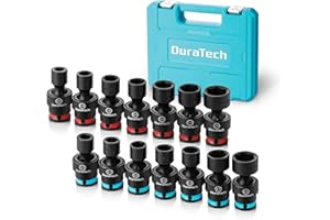 DURATECH 3/8" Drive Impact Swivel Socket Set, Shallow Universal Wobble, SAE & Metric With Flexible Joint, 14 Pieces, Cr-Mo Steel, 6 Points, Organized in Sturdy Storage Case