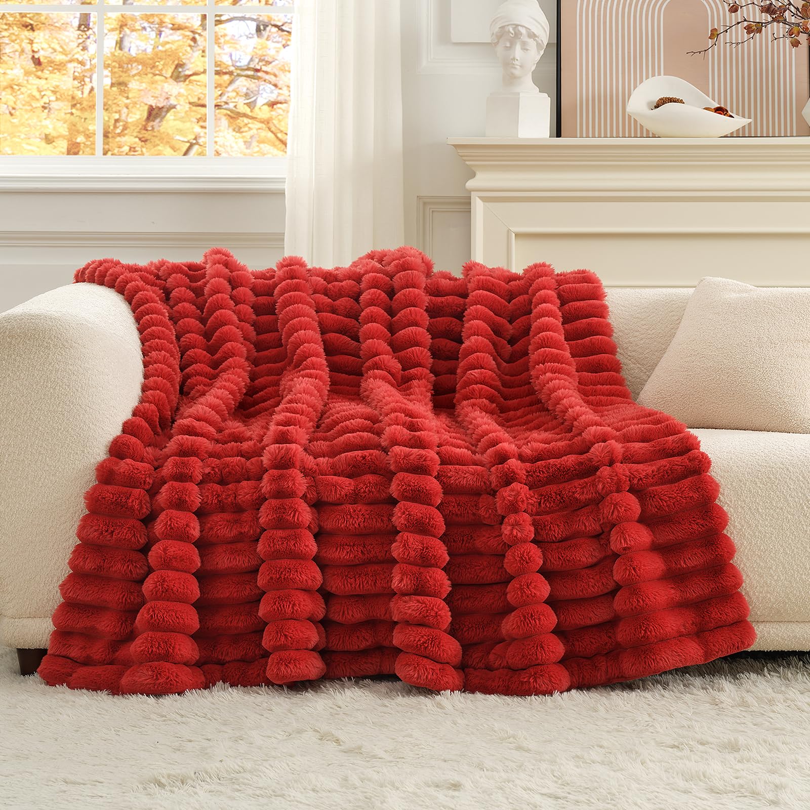 Photo 1 of Cozy Bliss Faux Fur Throw Blanket for Couch, Cozy Warm Plush Striped Blanket for Sofa Bedroom Living Room, 50 * 60 Inches Cardinal Red