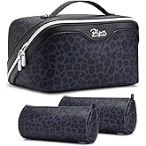 BOYATU Travel Makeup Bag for Women: 3 Pcs Set Portable Make up Bags with Handle - Leopard Print Cosmetic Bags with Comparments - Waterproof Vegan Leather Toiletry Bag (11-Blue)
