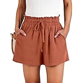 NILOINE Women Elastic Waist Drawstring Linen Shorts Wide Leg High Waist Summer Casual Beach Shorts with Pockets