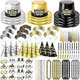 MOVINPE 2026 New Years Eve Party Supplies Bulk - Gold Black Slivery Top Hats, Cone Hats, Tiara, Glasses, Bead Necklace, Leis, Horns, Blowouts, Noiese Makers, New Year's Party Favors Event Supplies