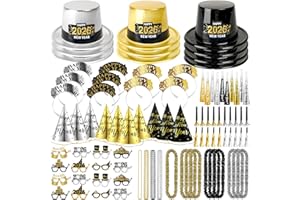 MOVINPE 2026 New Years Eve Party Supplies Bulk - Gold Black Slivery Top Hats, Cone Hats, Tiara, Glasses, Bead Necklace, Leis, Horns, Blowouts, Noiese Makers, New Year's Party Favors Event Supplies