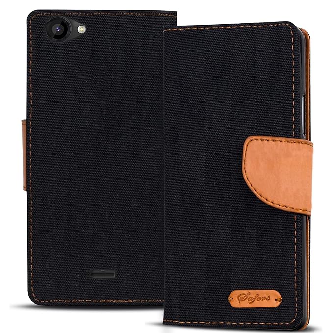 Conie TW44667 Textil Wallet Kompatibel mit Wiko Rainbow Jam, Textil Hülle Klapptasche mit Kartenfächer Etui Slim Cover für Rainbow Jam Handyhülle Jeans Schwarz