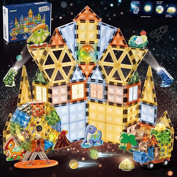 BINZKBB MAGNETIC TILES BUILDING BLOCKS,LIGHTED 3D CLEAR EDUCATIONAL...