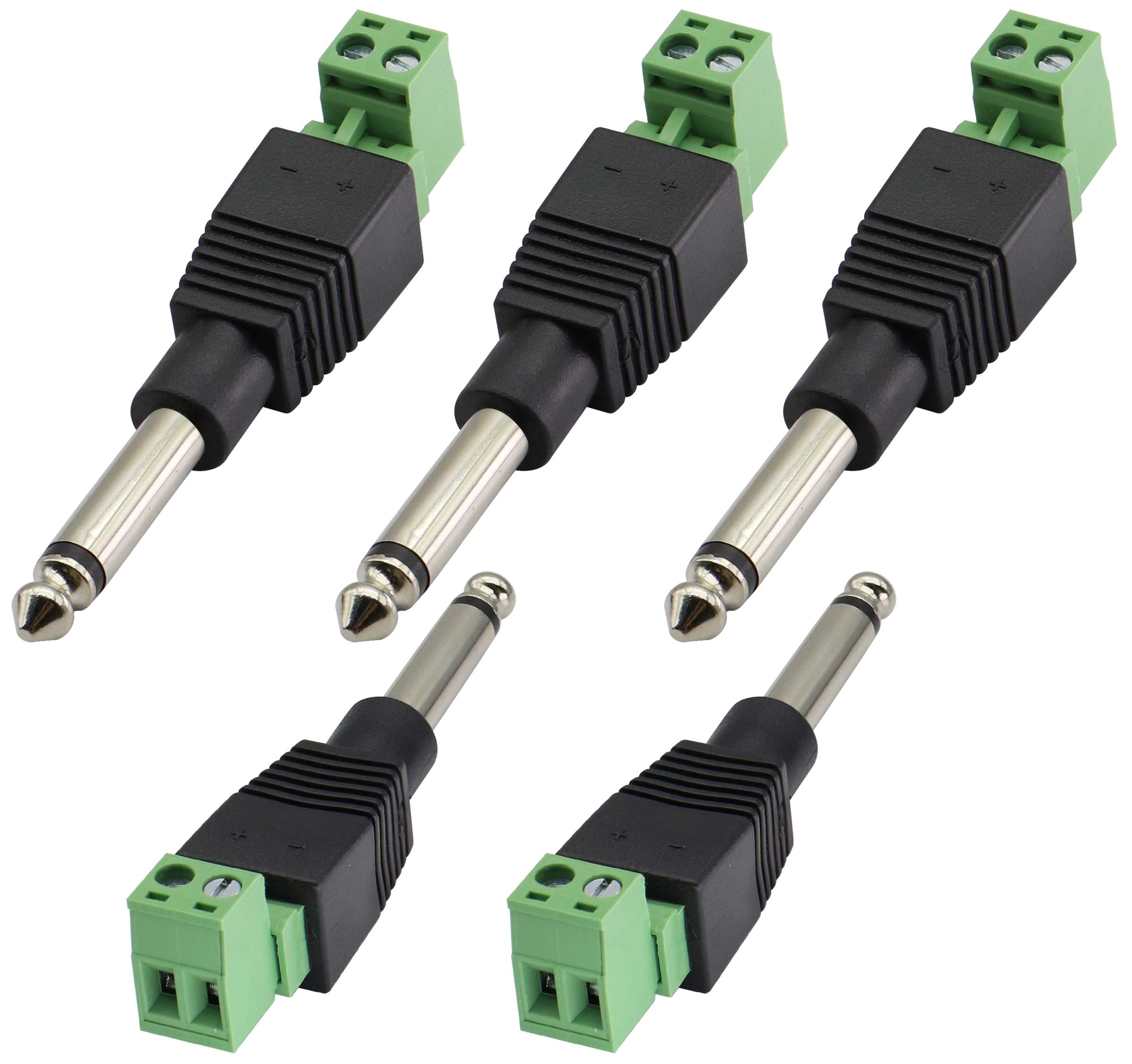 AAOTOKK 6.35mm 3Pole DIY Connector Gold Plated Connection Converter1/4 Stereo Audio Male to 3Pin screw Terminal Female Solderless Converter for Amplifier Microphones, (5 Pack-2Pin)