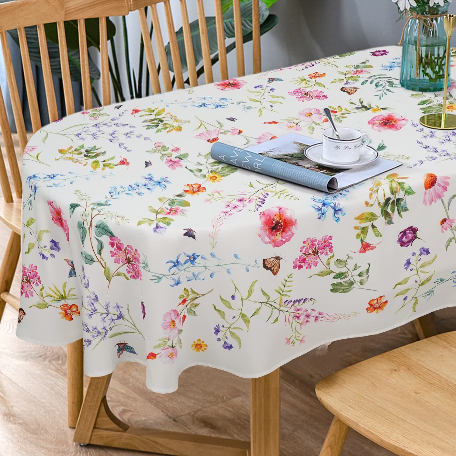 Bnejvif Spring Floral Oval Tablecloth - Modern Flower Pattern, Waterproof, Wrinkle Free, Durable for Oval Tables 54 x 72 in