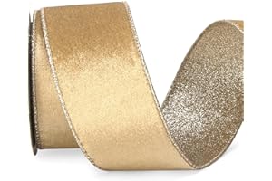 Ribbli Champagne Gold Velvet Wired Ribbon 2.5 Inch Khaki Velvet with Champagne Glitter Christmas Ribbon for Christmas Tree Decoration Big Bow Gift Wrapping Crafts Wreaths Supplies- 10 Yards