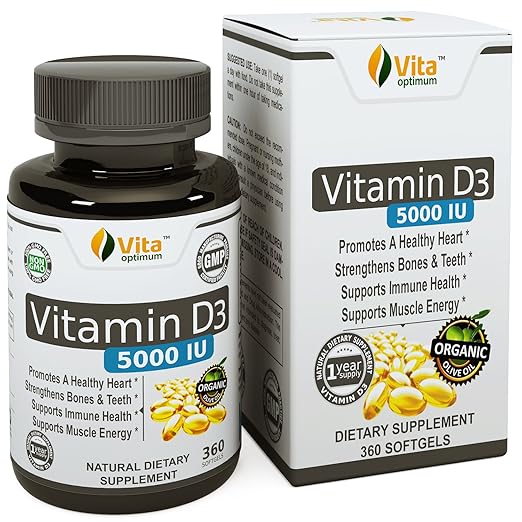 Vitamin D (D3) Pills 5000 IU by Vita Optimum - 360 softgels with Organic Olive Oil - Made in USA - 1 Year Supply