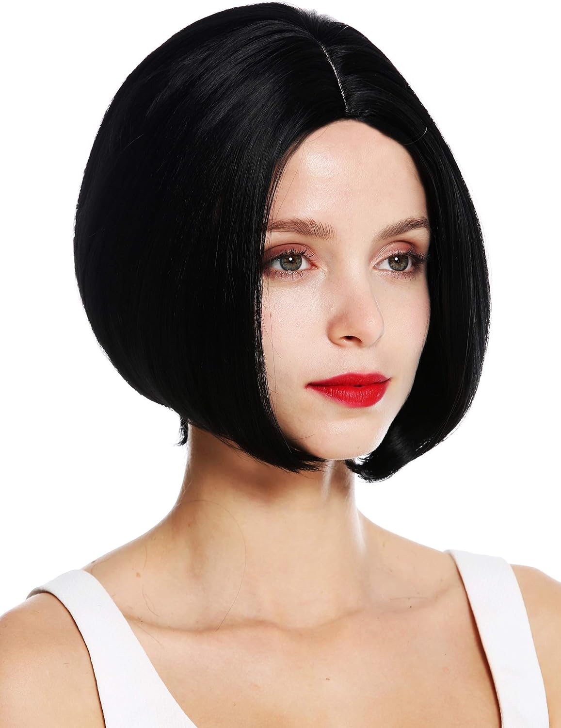 WIG ME UP - VK-54-1 quality women's wig short long bob parting sleek black, black (1), Length: approx. 25 cm