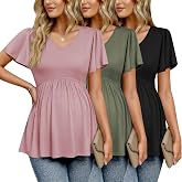 Ekouaer Maternity Shirts 3 Packs Summer Pregnancy Clothes Tops for Work | Pleated V Neck Maternity Outfits, Flying Short Sleeve Maternity Blouse T-Shirt Gifts for Pregnant Women