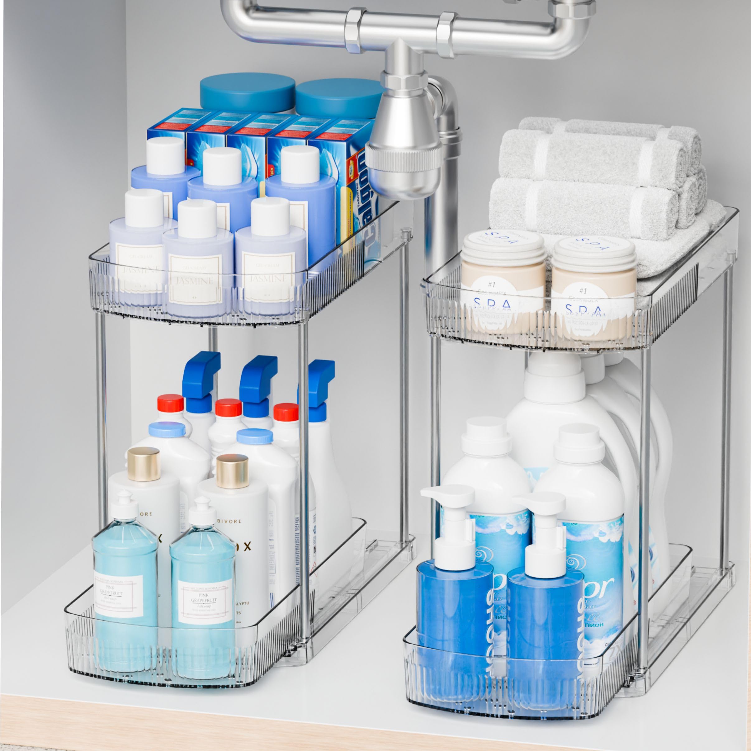 Photo 1 of 2 Pack Large Pull Out Bathroom Organizers and Storage,2 Tier 12.8? Tall Sliding Kitchen Under Sink Organizer for Cleaning Products Storage,Acrylic Clear Bathroom inder Sink Organizer,Undersink Storage
