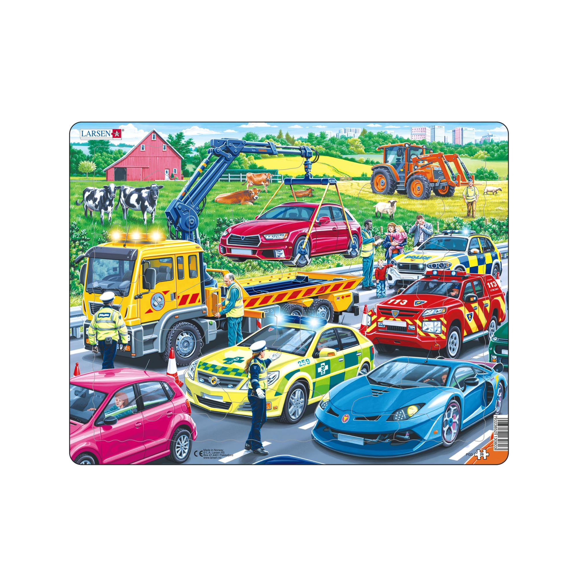 Larsen PG3 Rescue Vehicles Jigsaw Puzzle – 26-Piece Tray & Frame (Ages 3+), Shaped Pieces & Extra-Thick Cardboard, Perfect Small Gift for Kids