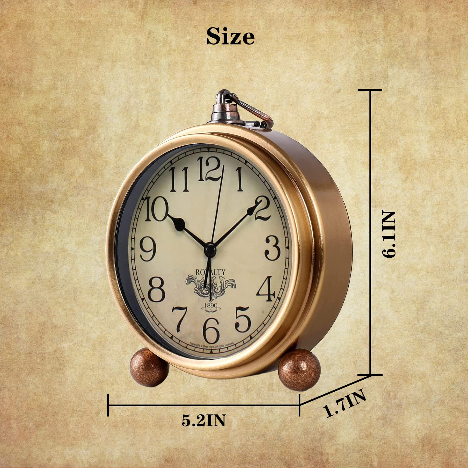 JUSTUP Golden Table Clock, Retro Vintage Non-Ticking Table Desk Alarm Clock Battery Operated Silent Quartz Movement HD Glass for Bedroom Living Room Indoor Decoration (Arabic)