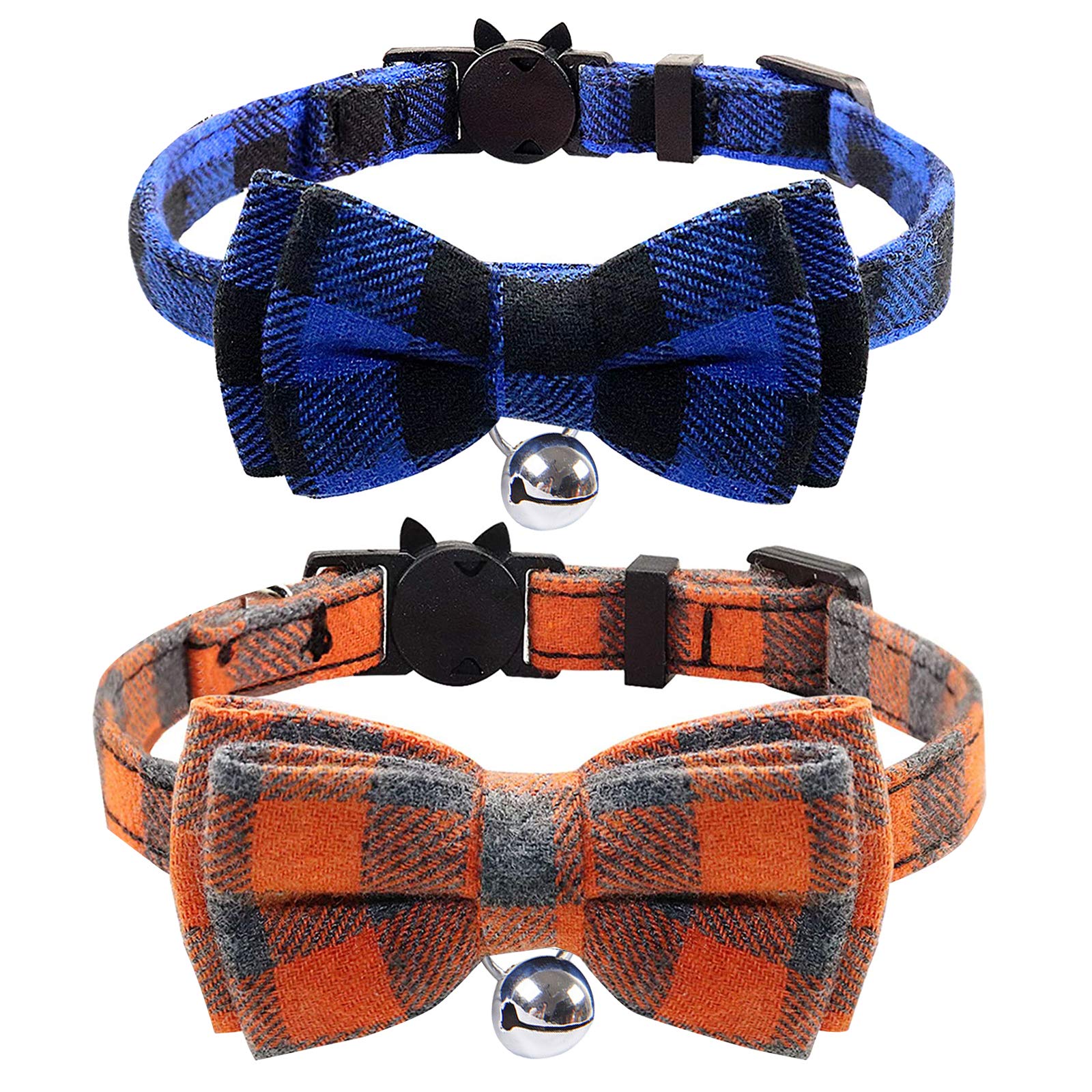 2PCS Plaid Cat Collars Quick Release Kitten Collar Bow Tie Safety Cat Bowtie Collars Christmas Cat Bow Collar With Bell Soft Tartan Collar Adjustable Pet Collars For Kitten Puppy Blue Orange