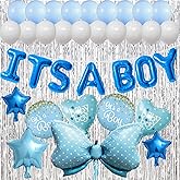 Sweet Baby Co. Baby Shower Decorations for Boy Blue with 55 Foil Balloons Includes 16 Inch Its a Boy Letter Banner Welcome Decor, 3 Piece Silver Backdrop Kit, Gender Reveal Sprinkle Decoration