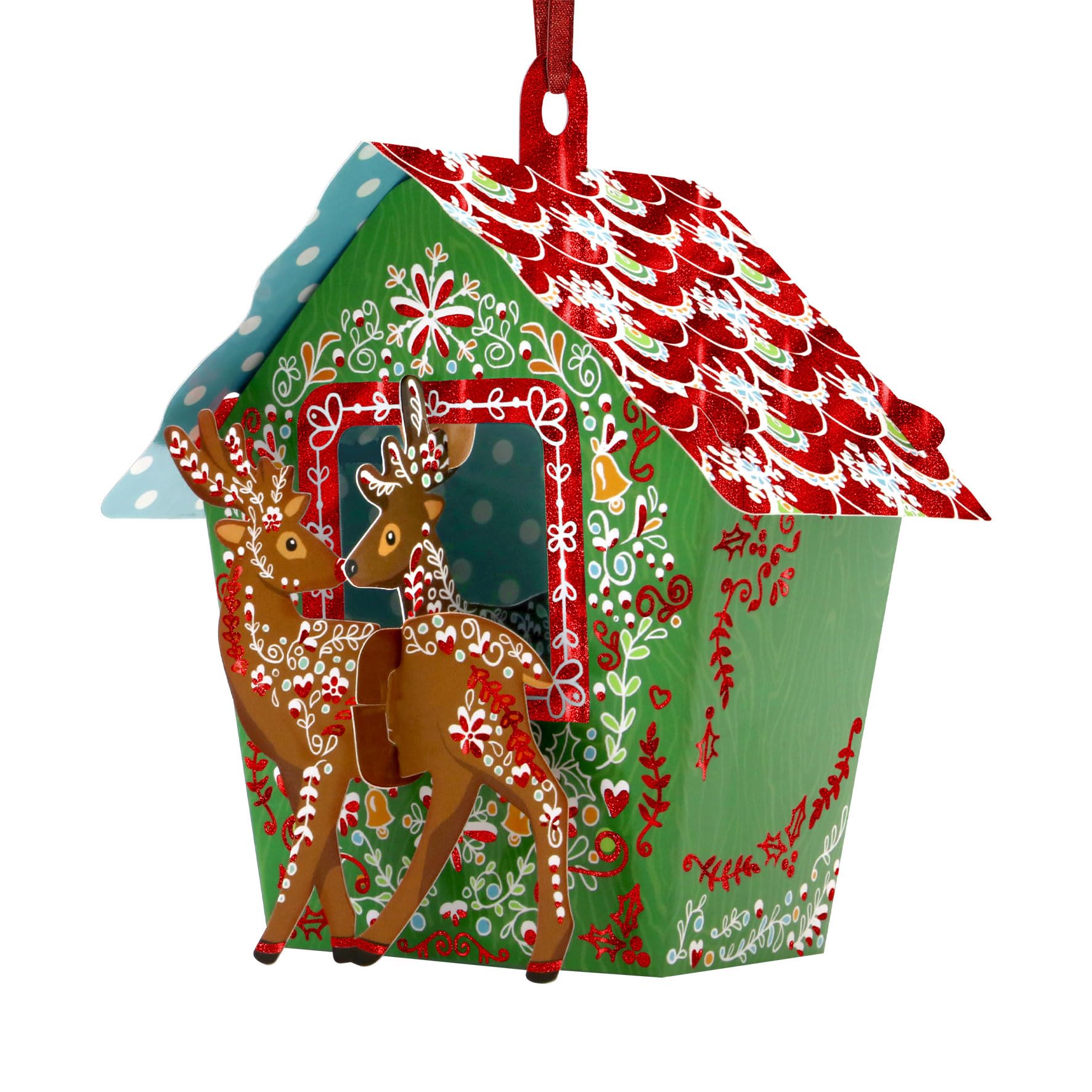 Santoro Baubles, 3D Pop Up Greeting Card & Decorative Hanging Ornament - Reindeer Stable - For Kids, Family, Birthday