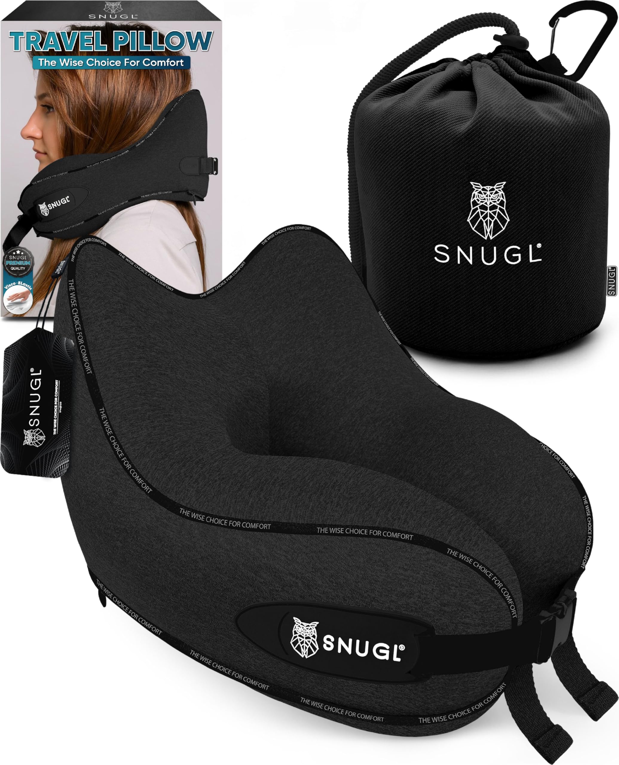 SNUGL Travel Pillow - Neck Pillow Memory Foam, Travel Neck Pillows for Adults, Ideal for Camping, Airplane & Gaming - Travelling Essentials - Gifts for Travellers (Black - Adult Regular)