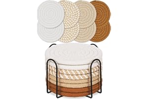 ADOREVER 8 Pcs Drink Coasters with Holder, Boho Minimalist Cotton Woven Coasters Set for Drinks Absorbent Coffee Table Home Decor Bar Tabletop Protection, Suitable for Kinds of Cups 4.3 Inch