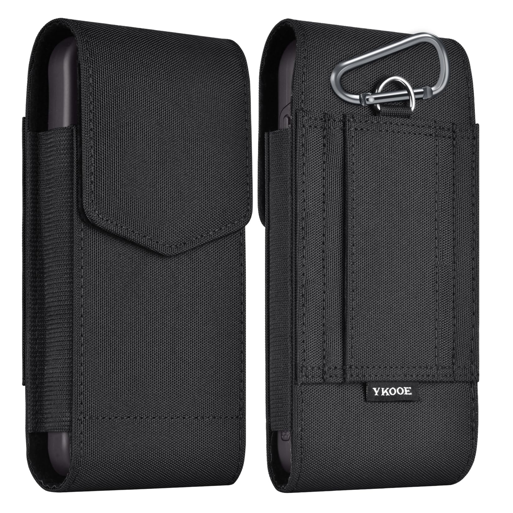 ykooe Holster Compatible with iPhone 16 15 14 13 12 and Pro Galaxy S25 24 23 22 21 Nylon Cell Phone Belt Holder Pouch with Magnetic Closure for Men (Fits Protective Cover on), Black -M