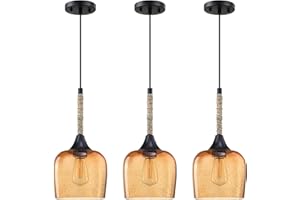 SEENMING HOUSE 3 Pack 1 Light Indoor Hanging Kitchen Island Pendant Lights 6.1" Ancient Amber Glass Paper Rope Pendant Light Fixtures Black Finish Modern Farmhouse Dinning Over Sink