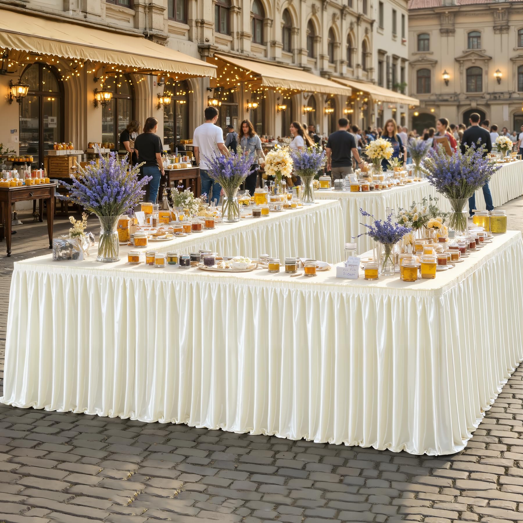 Photo 1 of 21ft Length Glitter Ivory Table Skirt for 8ft Rectangle Tables, Wrinkle Free Pleated Ruffle Table Cloth Skirting for Baby Shower Weddings Birthday Party Banquet Dessert Cake Table Decorations