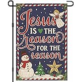 IVN Merry Jesus Is the Reason for the Season Christian Christmas Garden Flag 12x18 Inch Double Sided Double Sided Navy Burlap Outdoor Religious Holiday Yard Flag for Outside Winter Xmas Decor