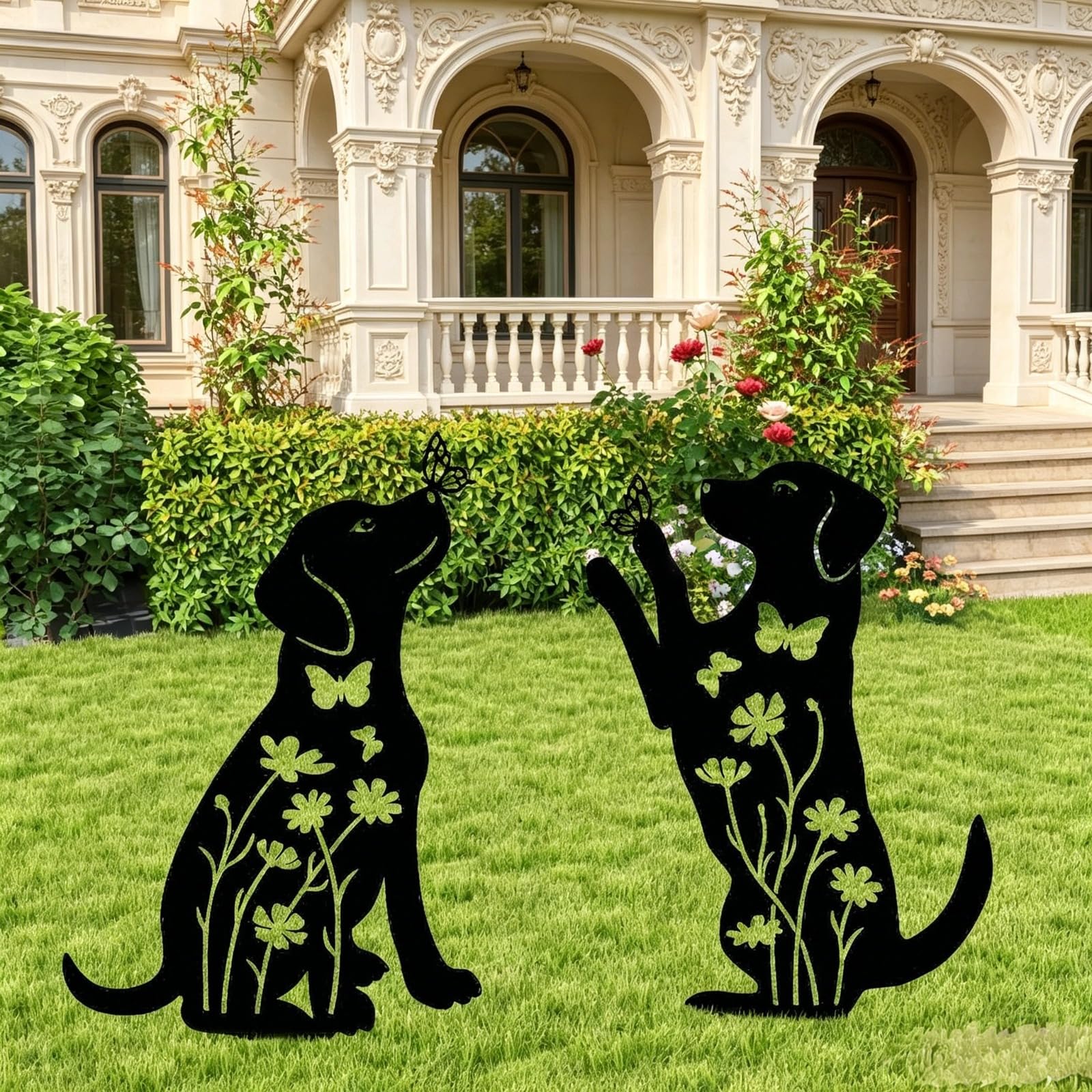 Funvalley Surperfect Dog Garden Ornaments, Black Puppy Silhouette Outdoor Stakes, Animal Statues Garden Decorations, Metal Yard Wall Art for Patio, Lawn
