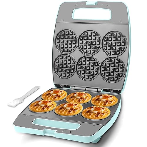Baker's Friend Multi Mini Waffle Maker & Iron, Waffle Machine, Bake 6 x 3 Inch Small Waffles, Perfect for Families and Individuals Use, Excellent for Breakfast, Brunch & Events, 230V, UK Plug, Aqua