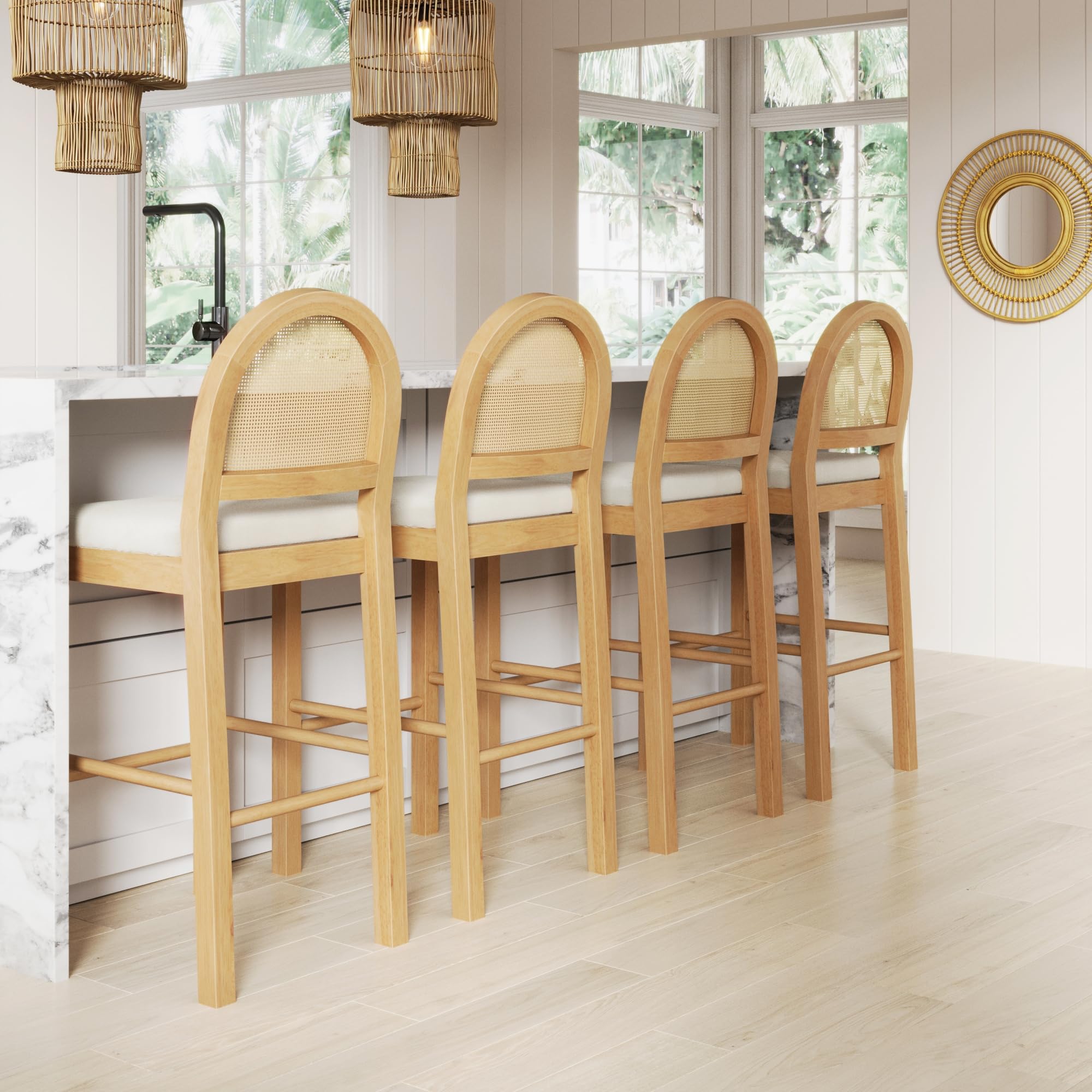 Nathan James Bailey 29 in. Boucle Bar Stool with Back, Upholstered Kitchen Stool with Natural Rattan Woven Back and Solid Wood Legs, Oak Finish, Set of 4