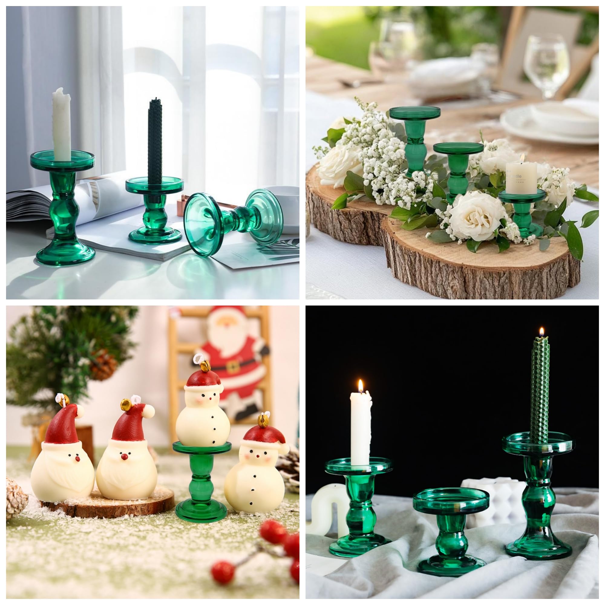 Green Glass Candle Holders Set of 3 Clear Candlestick Holders Vintage Candle Stands for Pillar Taper Candle Tealight Home Decor Table Centerpieces Christmas, Candleholder Sets with 4 Pcs Taper Candles