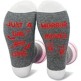 Funny Horror Movies Socks For Women Girls, Just A Girl Who Loves Horror Movies Themed Socks, Scary Movies Gifts For Movies Lovers, Bloody Palms Designs Of Socks For Horror Movies Party Halloween -31