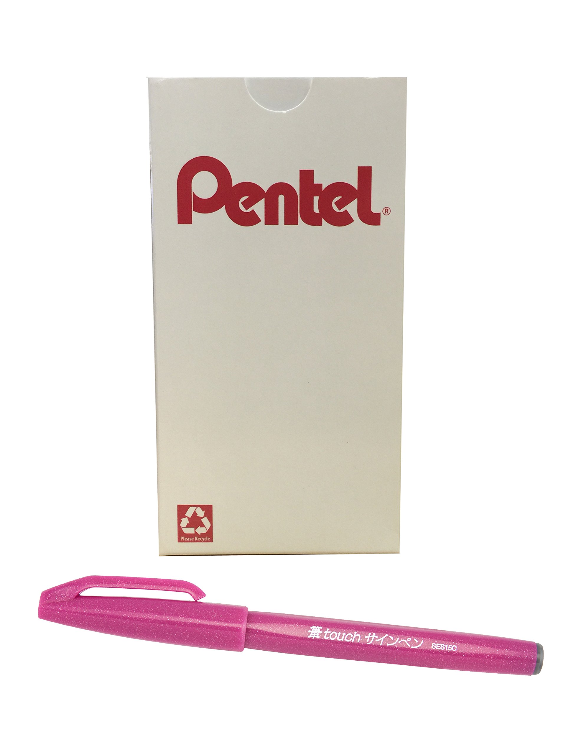 Pentel Arts Sign Pen Touch, punta de pincel Fude, tinta rosa, caja de 12 (SES15C-P)