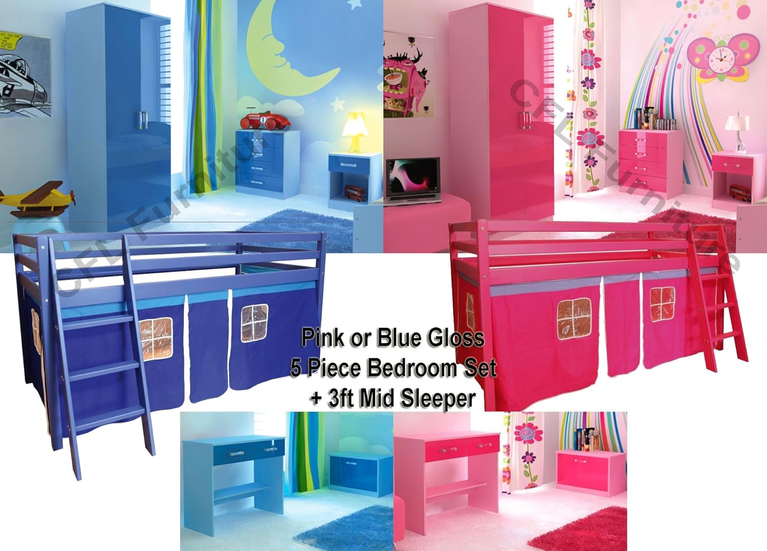 Montreal 5 Piece Childrens Bedroom Set And 3ft Midsleeper 2 Door