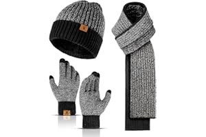 Honnesserry Men's Winter Beanie Hat Warmer Long Scarf Touchscreen Gloves Knit Skull Cap Set for Men Women 3PCS Black&White