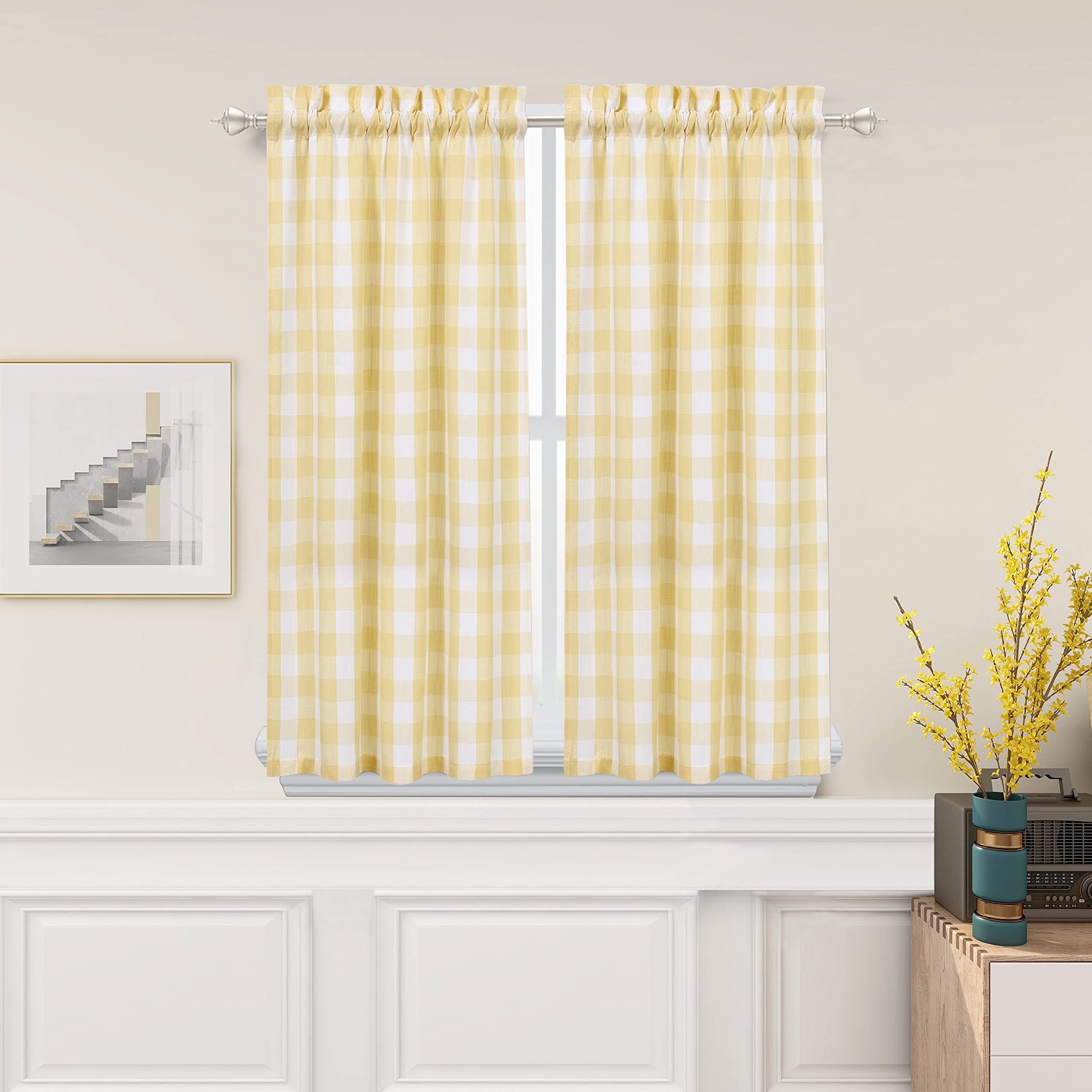 Photo 1 of Bapawfish Yellow White Cafe Kitchen Curtains 45 Inches Length, Buffalo Plaid Pattern Short Bathroom Window Curtain, Gingham Design Half Window Tier Curtains, 28" x 45", Yellow/White, Set of 2